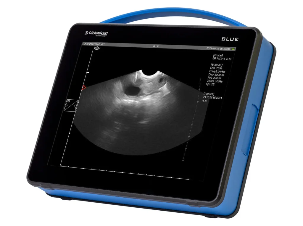 Échographe vétérinaire Blue Dramiński utilisé pour application OPU