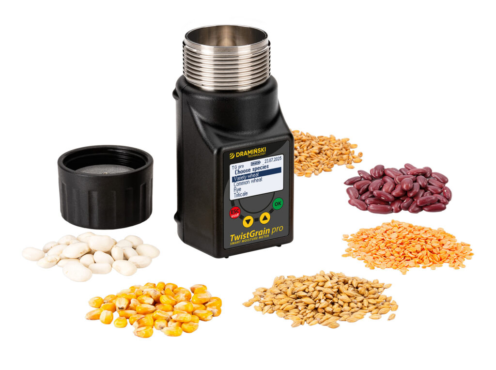 good recommended meter tester device for measuring testing checking moisture content of water in grains, rye, grass, coffee, nuts, with screw cap for grain compression