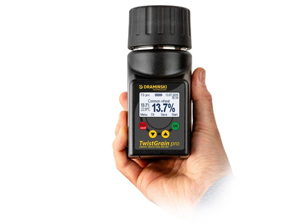 Portable battery-powered moisture meter for seeds, grain, grass, coffee, Arabica, Robusta, Twist Grain professional. Draminski as a moisture analyzer, dryer, drying, grinding, fast, good, precise, accurate moisture determination